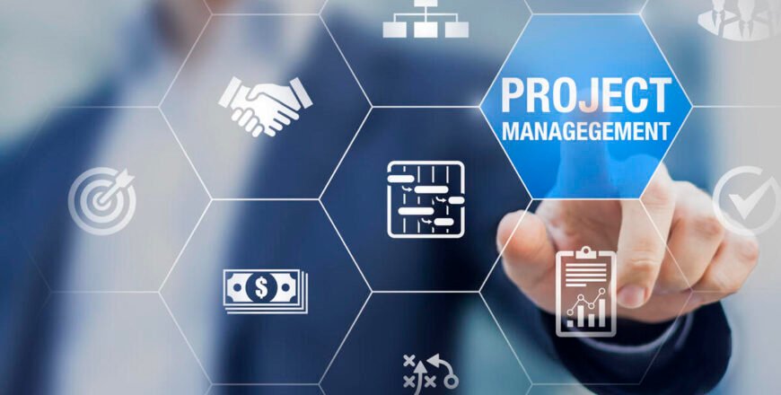 Professional project manager with icons about planning tasks and milestones on schedule, cost management, monitoring of progress, resource, risk, deliverables and contract, business concept